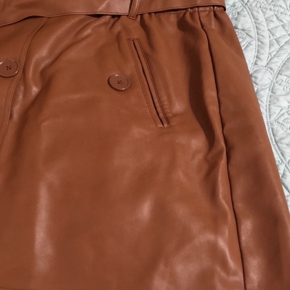 Cognac Brown Double Breasted Belted Faux Leather Skirt - Picture 2 of 8